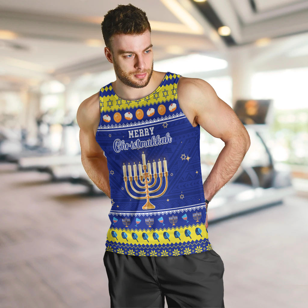 Personalised Polynesia Christmukkah Men Tank Top Menorah With Polynesian Tribal Pattern LT05 Blue - Polynesian Pride