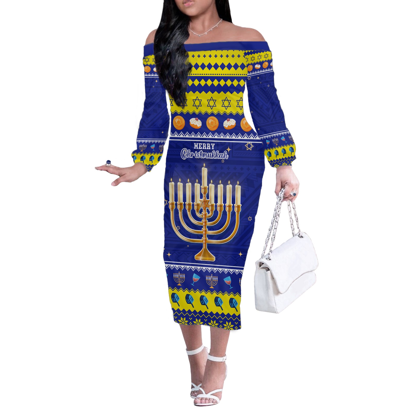 Personalised Polynesia Christmukkah Off The Shoulder Long Sleeve Dress Menorah With Polynesian Tribal Pattern LT05 Women Blue - Polynesian Pride