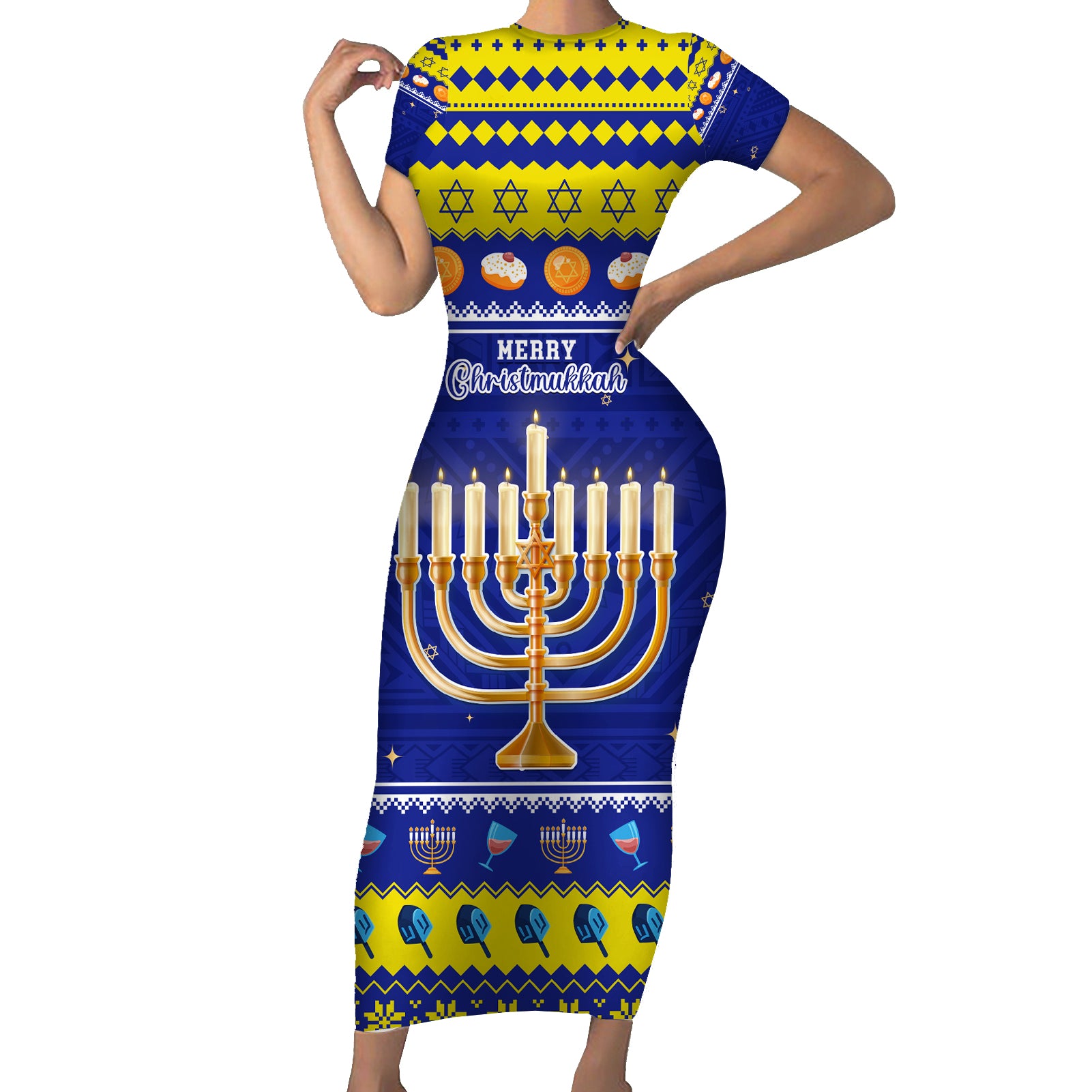 Personalised Polynesia Christmukkah Short Sleeve Bodycon Dress Menorah With Polynesian Tribal Pattern LT05 Long Dress Blue - Polynesian Pride