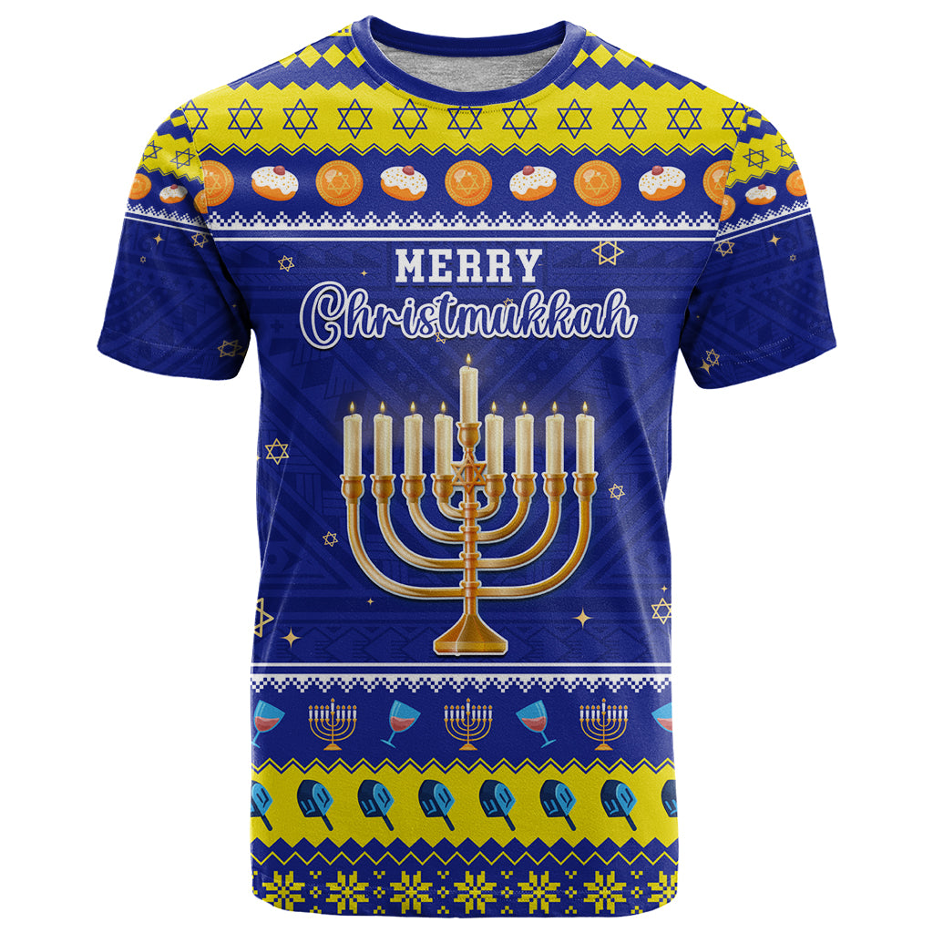 Personalised Polynesia Christmukkah T Shirt Menorah With Polynesian Tribal Pattern LT05 Blue - Polynesian Pride