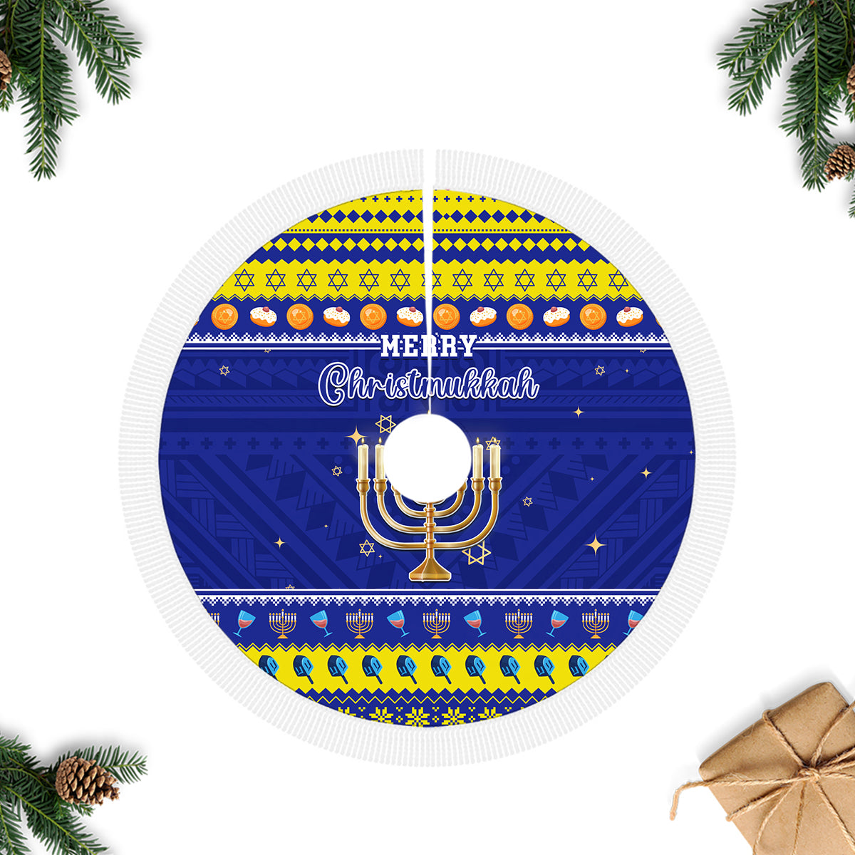 Polynesia Christmukkah Tree Skirt Menorah With Polynesian Tribal Pattern LT05 Fringed Tree Skirts Blue - Polynesian Pride