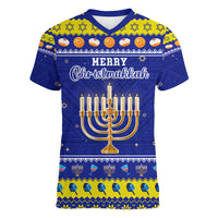 Personalised Polynesia Christmukkah Women V Neck T Shirt Menorah With Polynesian Tribal Pattern LT05 Female Blue - Polynesian Pride