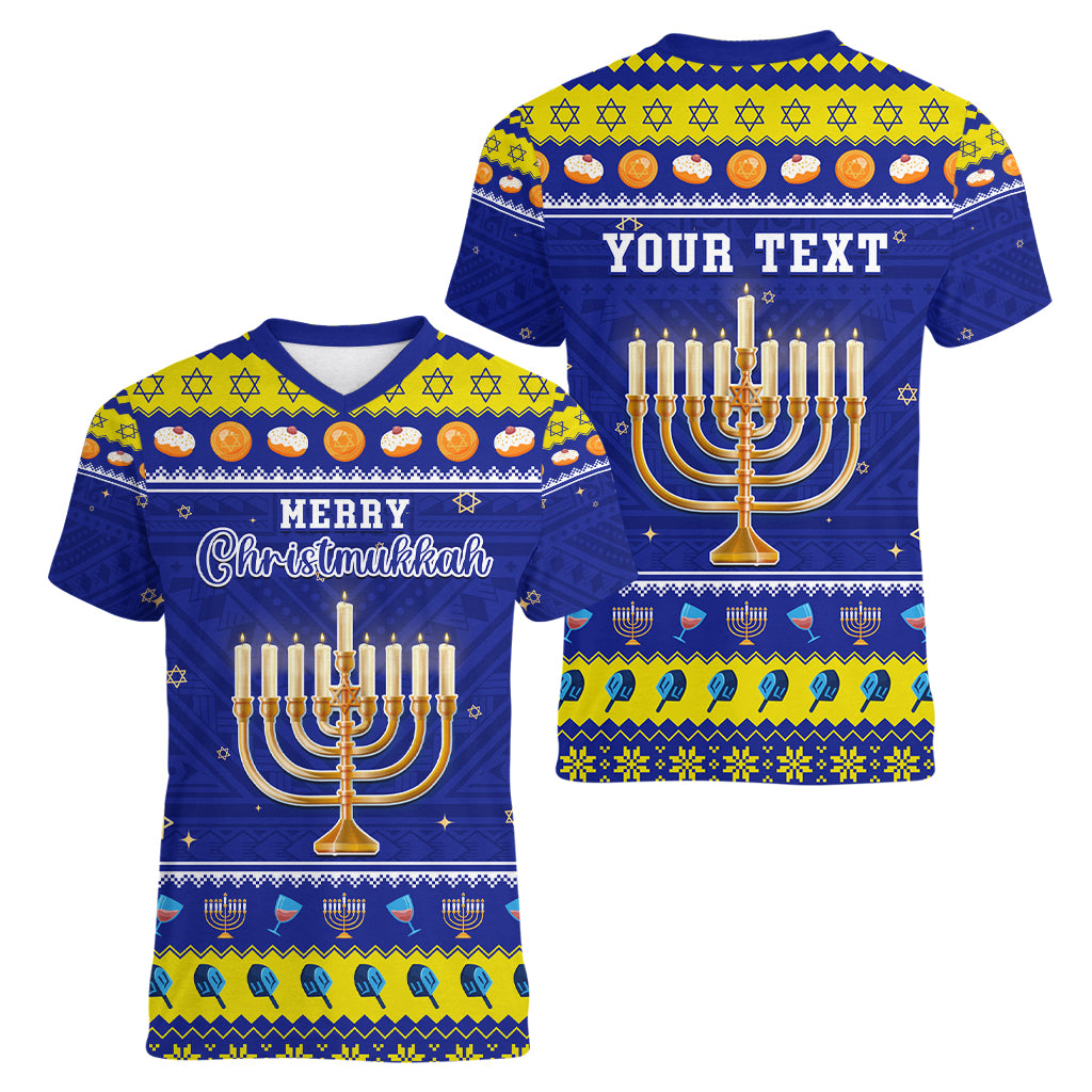 Personalised Polynesia Christmukkah Women V Neck T Shirt Menorah With Polynesian Tribal Pattern LT05 - Polynesian Pride
