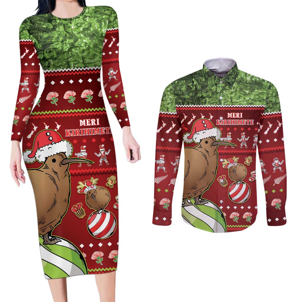 New Zealand Kiwi Christmas Couples Matching Long Sleeve Bodycon Dress and Long Sleeve Button Shirt Paua Shell Glitter Green