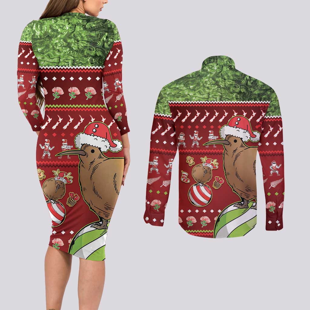 New Zealand Kiwi Christmas Couples Matching Long Sleeve Bodycon Dress and Long Sleeve Button Shirt Paua Shell Glitter Green