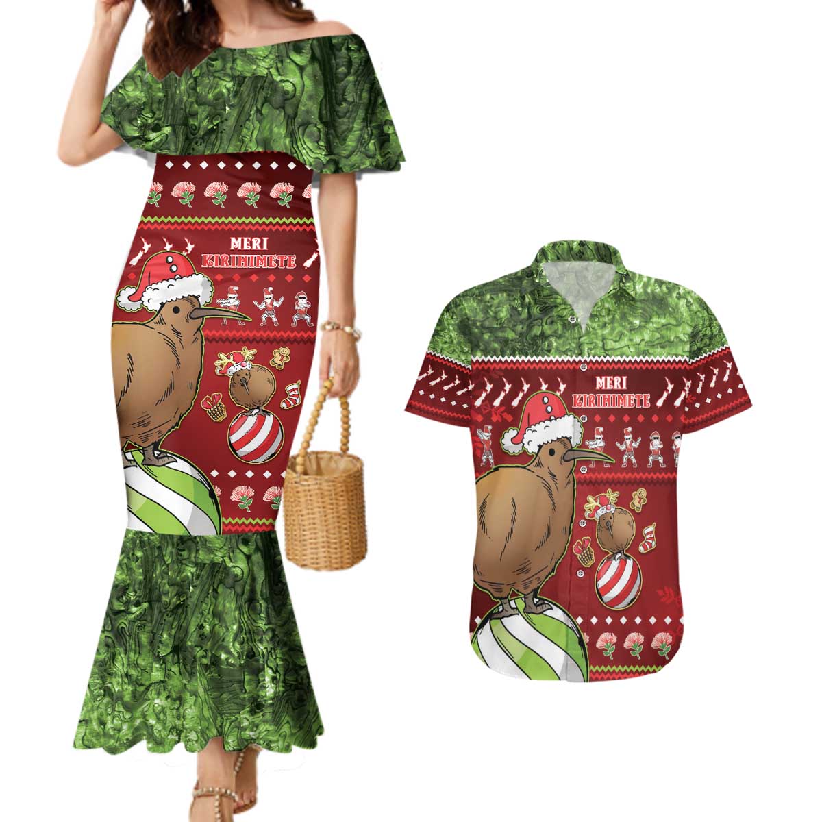 New Zealand Kiwi Christmas Couples Matching Mermaid Dress and Hawaiian Shirt Paua Shell Glitter Green