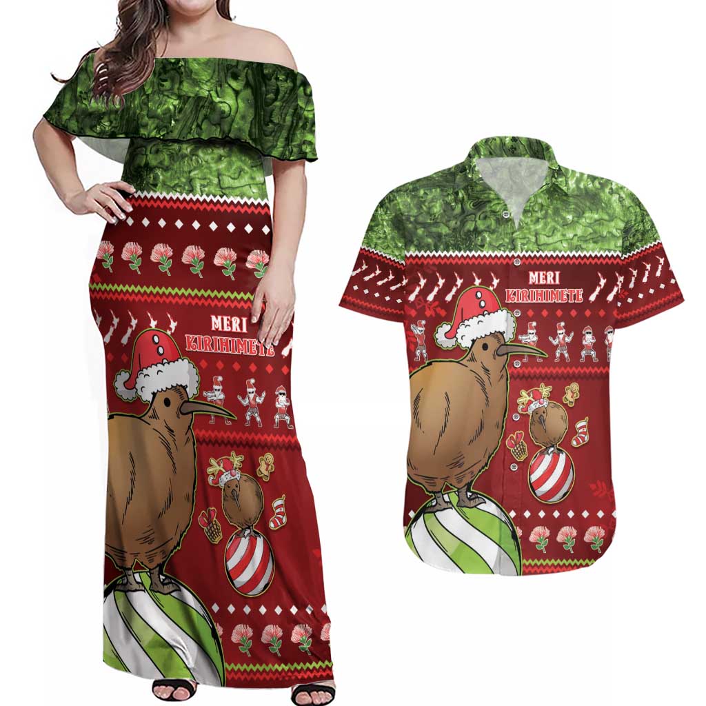 New Zealand Kiwi Christmas Couples Matching Off Shoulder Maxi Dress and Hawaiian Shirt Paua Shell Glitter Green