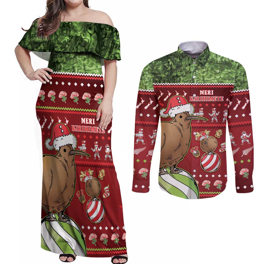 New Zealand Kiwi Christmas Couples Matching Off Shoulder Maxi Dress and Long Sleeve Button Shirt Paua Shell Glitter Green LT05 Red - Polynesian Pride