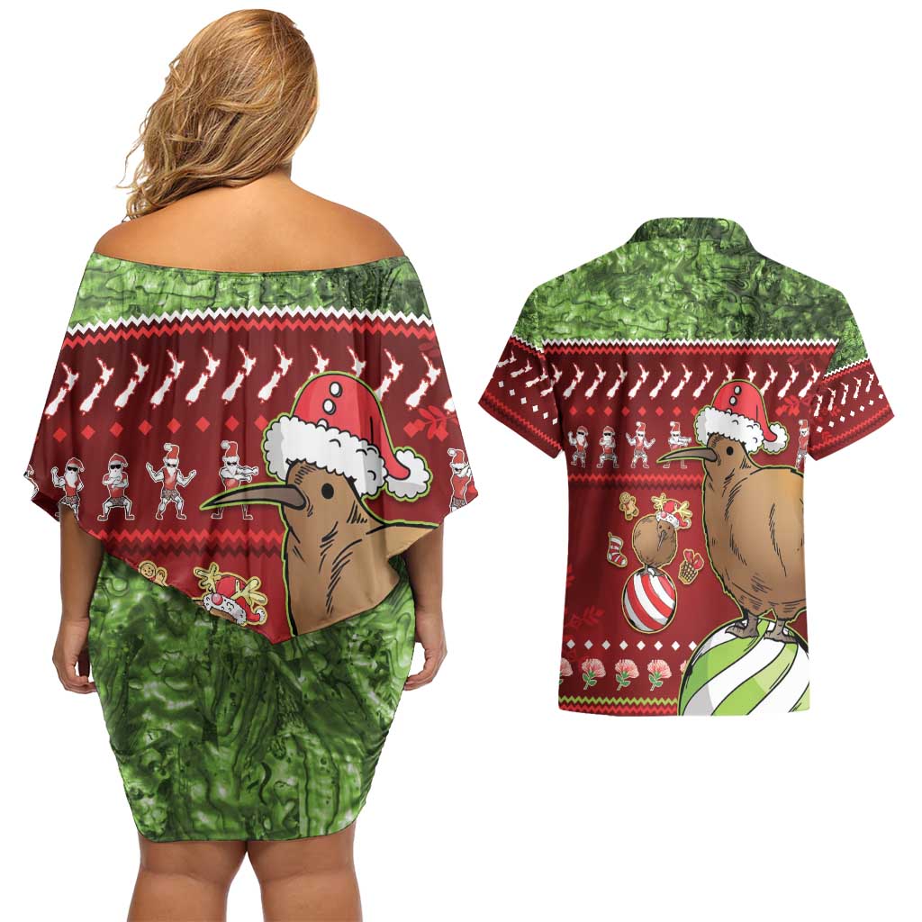 New Zealand Kiwi Christmas Couples Matching Off Shoulder Short Dress and Hawaiian Shirt Paua Shell Glitter Green
