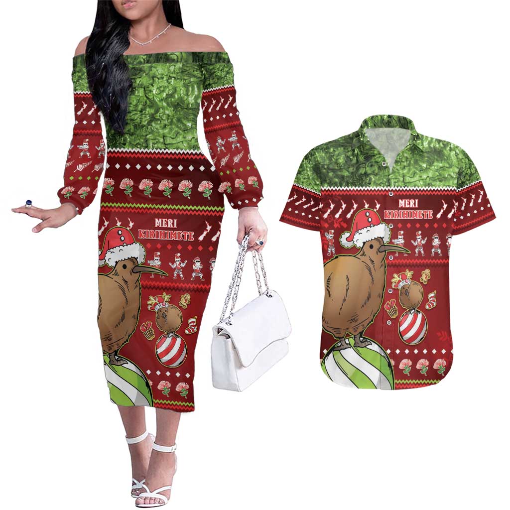 New Zealand Kiwi Christmas Couples Matching Off The Shoulder Long Sleeve Dress and Hawaiian Shirt Paua Shell Glitter Green