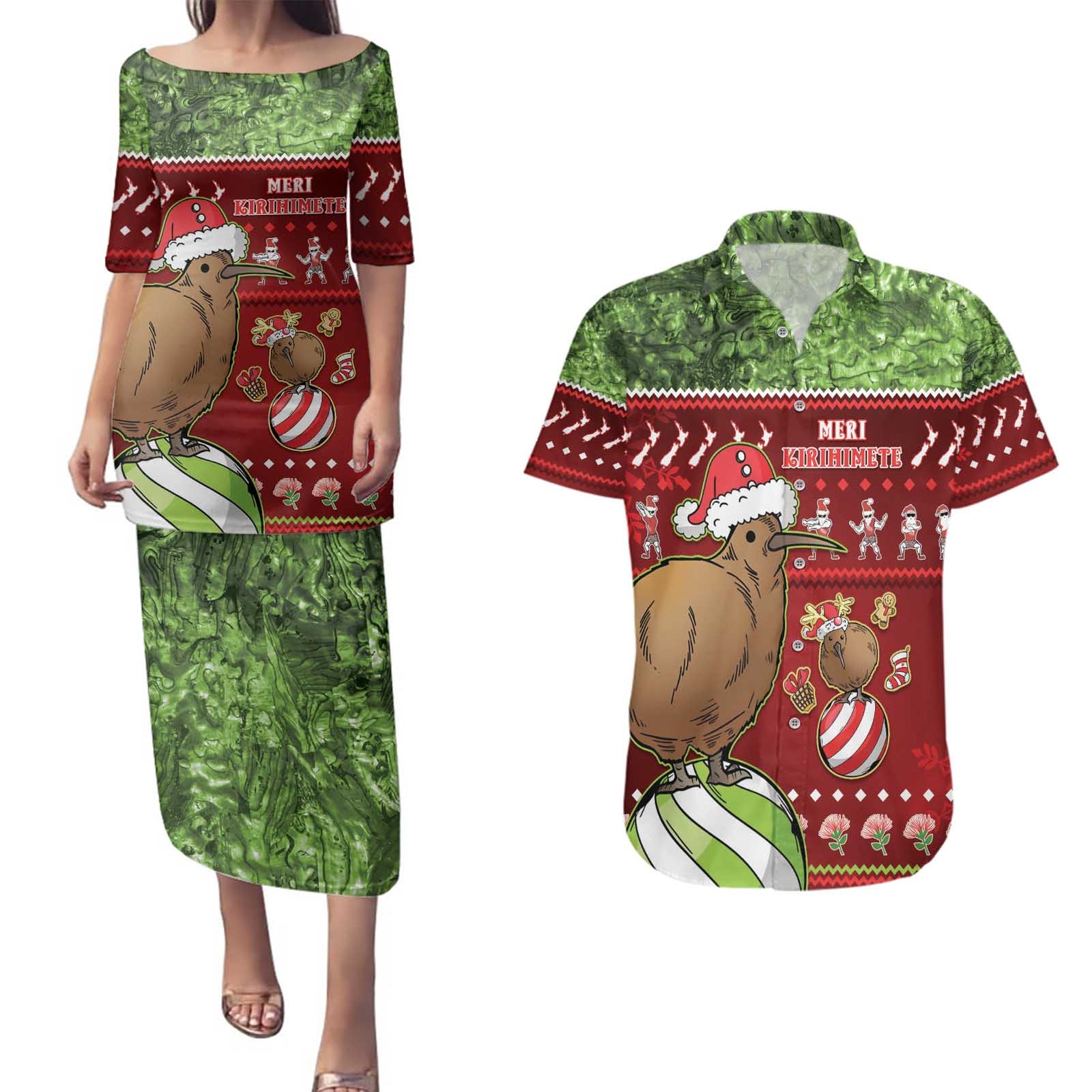 New Zealand Kiwi Christmas Couples Matching Puletasi and Hawaiian Shirt Paua Shell Glitter Green LT05 Red - Polynesian Pride