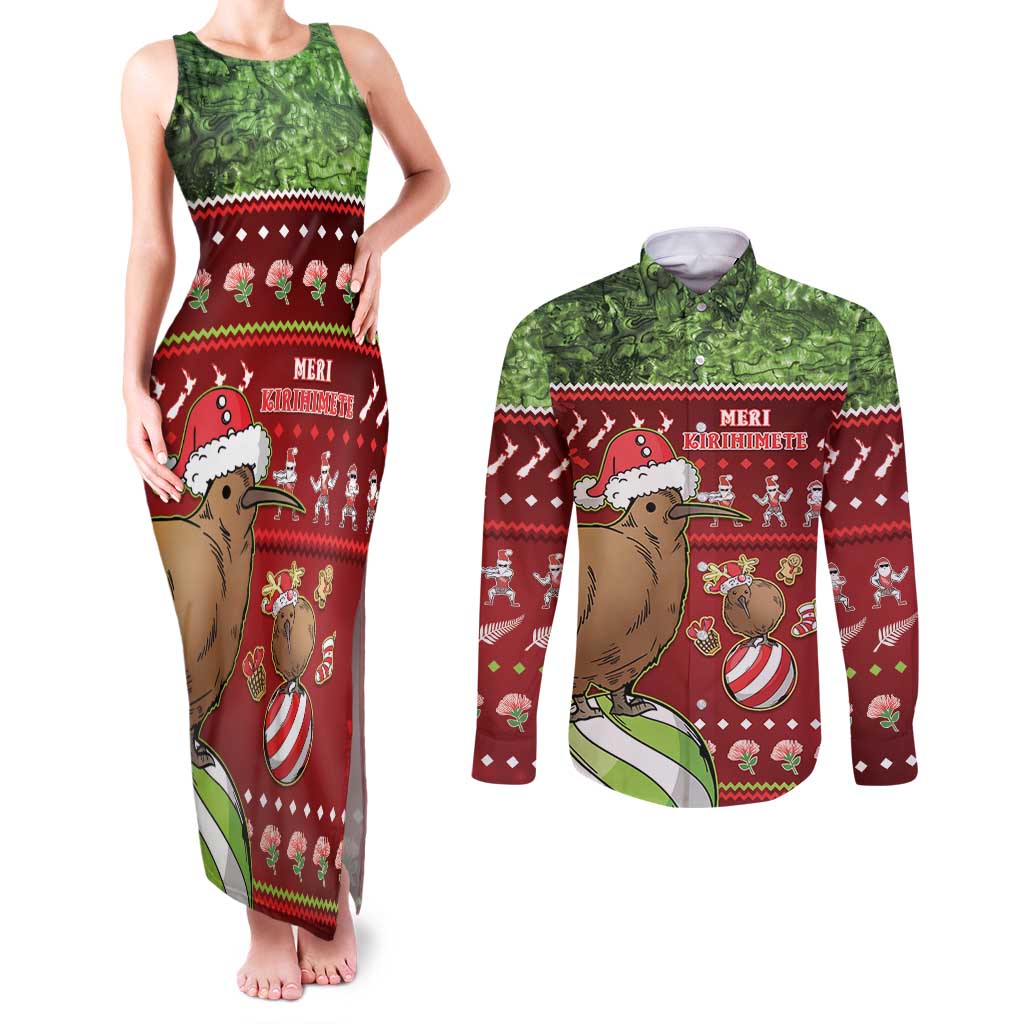 New Zealand Kiwi Christmas Couples Matching Tank Maxi Dress and Long Sleeve Button Shirt Paua Shell Glitter Green