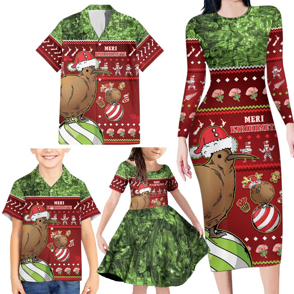 New Zealand Kiwi Christmas Family Matching Long Sleeve Bodycon Dress and Hawaiian Shirt Paua Shell Glitter Green