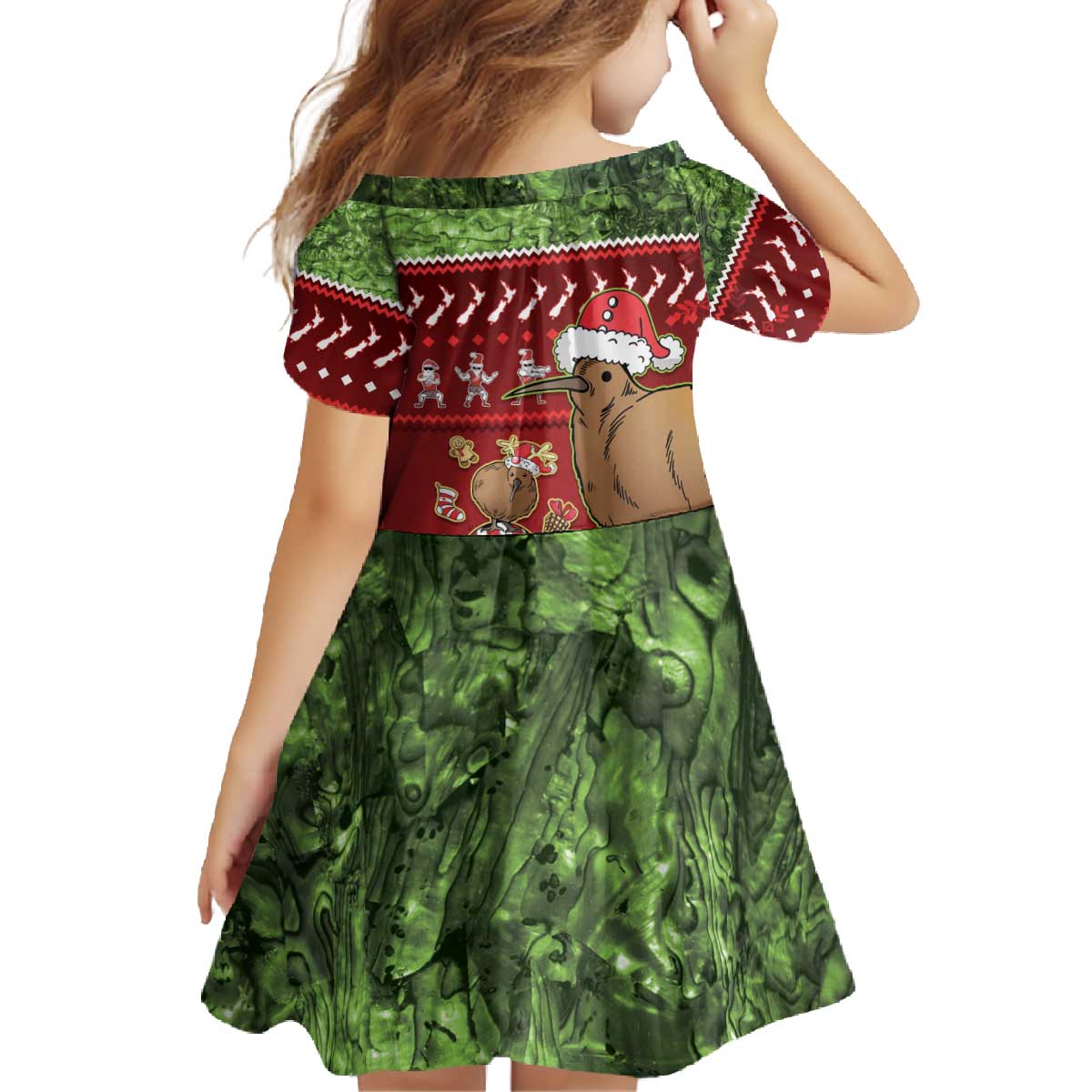 New Zealand Kiwi Christmas Family Matching Off The Shoulder Long Sleeve Dress and Hawaiian Shirt Paua Shell Glitter Green