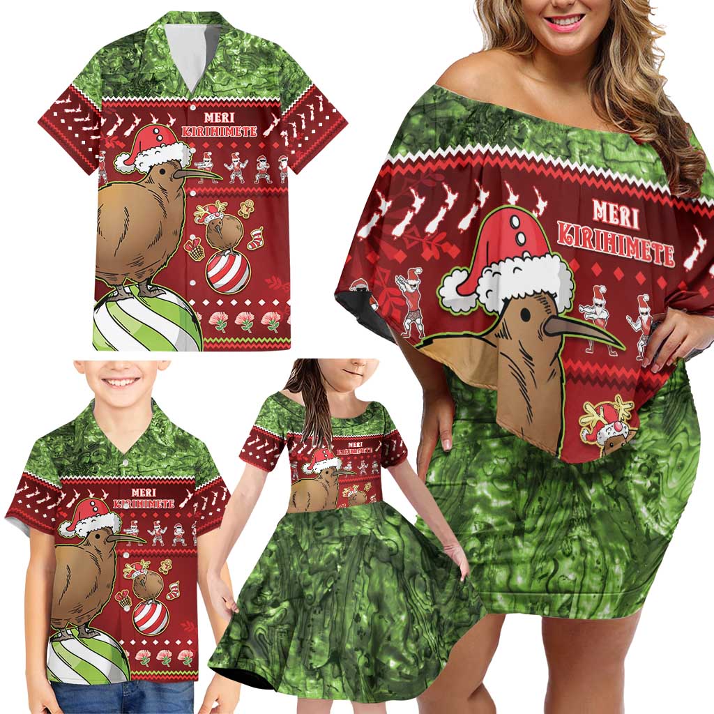 New Zealand Kiwi Christmas Family Matching Off Shoulder Short Dress and Hawaiian Shirt Paua Shell Glitter Green