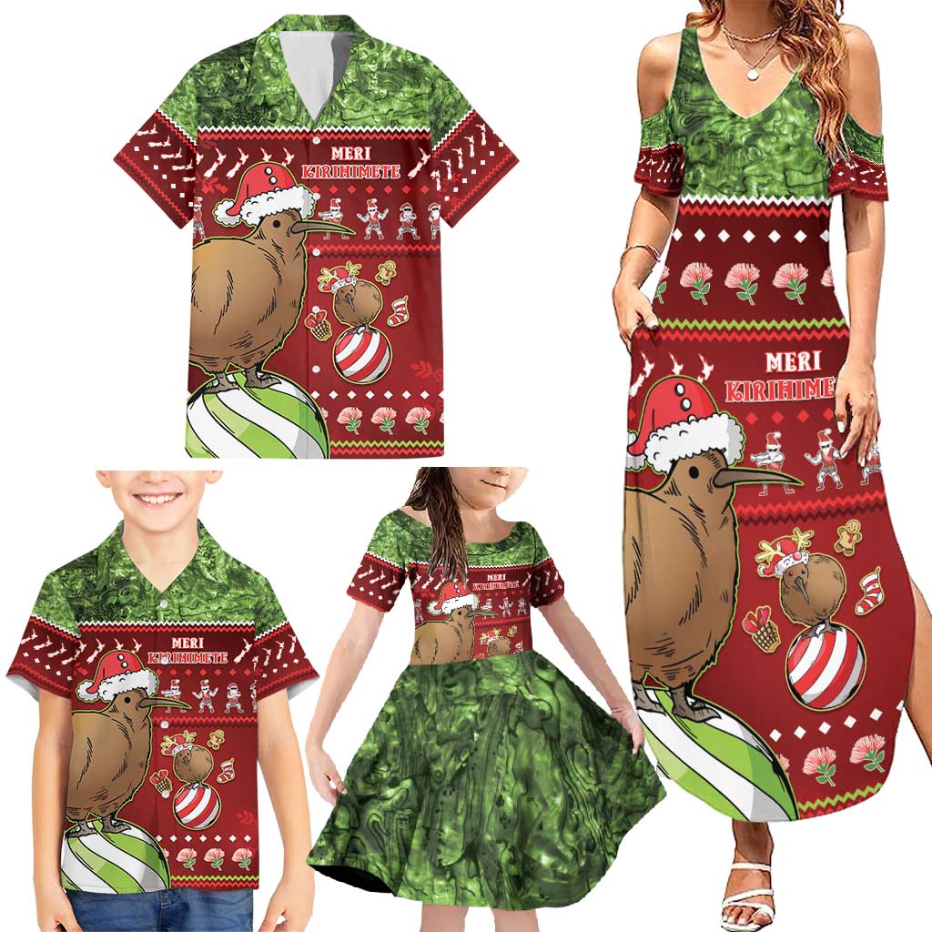 New Zealand Kiwi Christmas Family Matching Summer Maxi Dress and Hawaiian Shirt Paua Shell Glitter Green