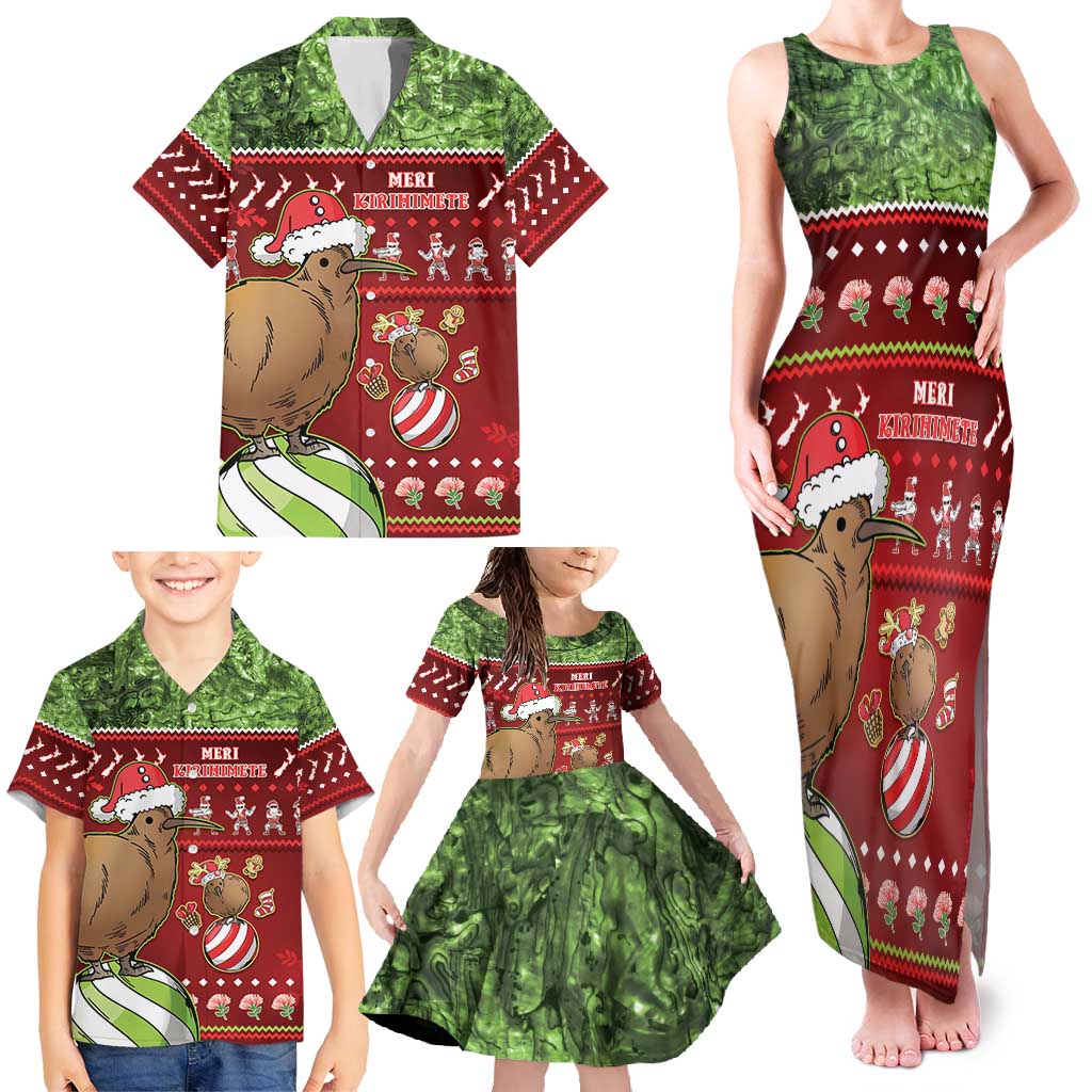 New Zealand Kiwi Christmas Family Matching Tank Maxi Dress and Hawaiian Shirt Paua Shell Glitter Green