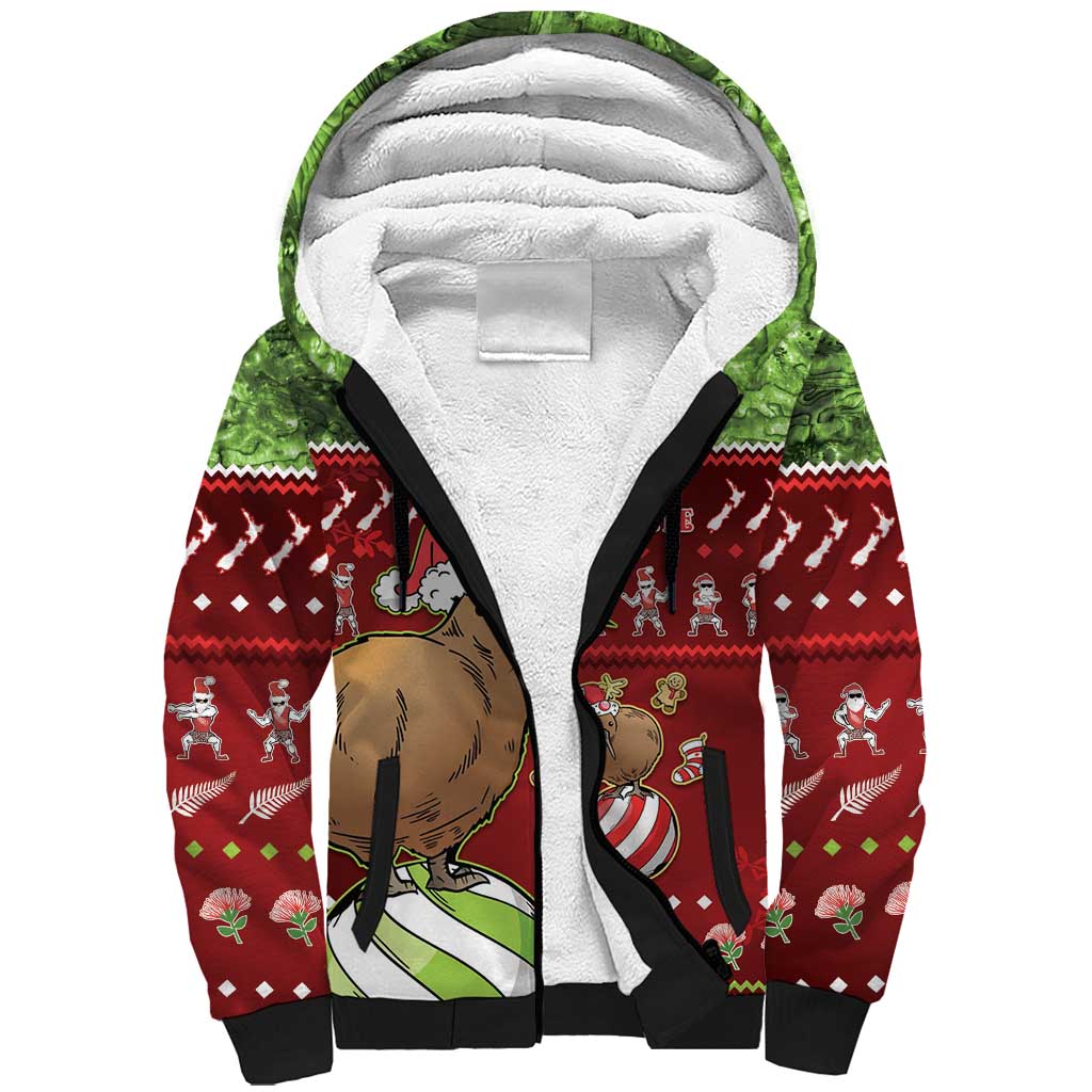 New Zealand Kiwi Christmas Sherpa Hoodie Paua Shell Glitter Green LT05 Unisex Red - Polynesian Pride