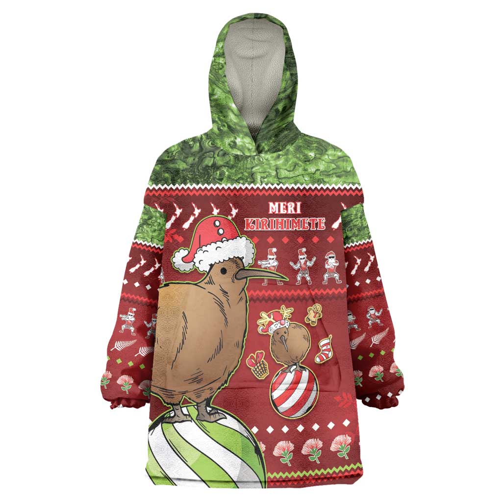 New Zealand Kiwi Christmas Wearable Blanket Hoodie Paua Shell Glitter Green LT05 One Size Red - Polynesian Pride