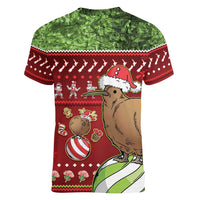 New Zealand Kiwi Christmas Women V-Neck T-Shirt Paua Shell Glitter Green