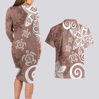 Polynesia Couples Matching Long Sleeve Bodycon Dress and Hawaiian Shirt Brown Tribal Turtle Floral Pattern