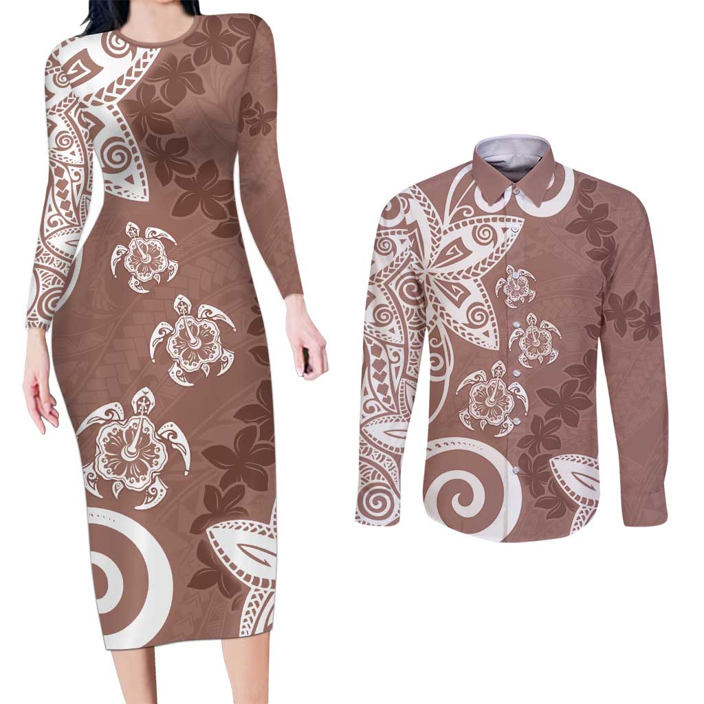 Polynesia Couples Matching Long Sleeve Bodycon Dress and Long Sleeve Button Shirt Brown Tribal Turtle Floral Pattern LT05 Brown - Polynesian Pride