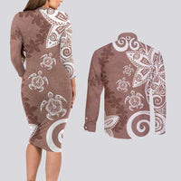 Polynesia Couples Matching Long Sleeve Bodycon Dress and Long Sleeve Button Shirt Brown Tribal Turtle Floral Pattern LT05 - Polynesian Pride