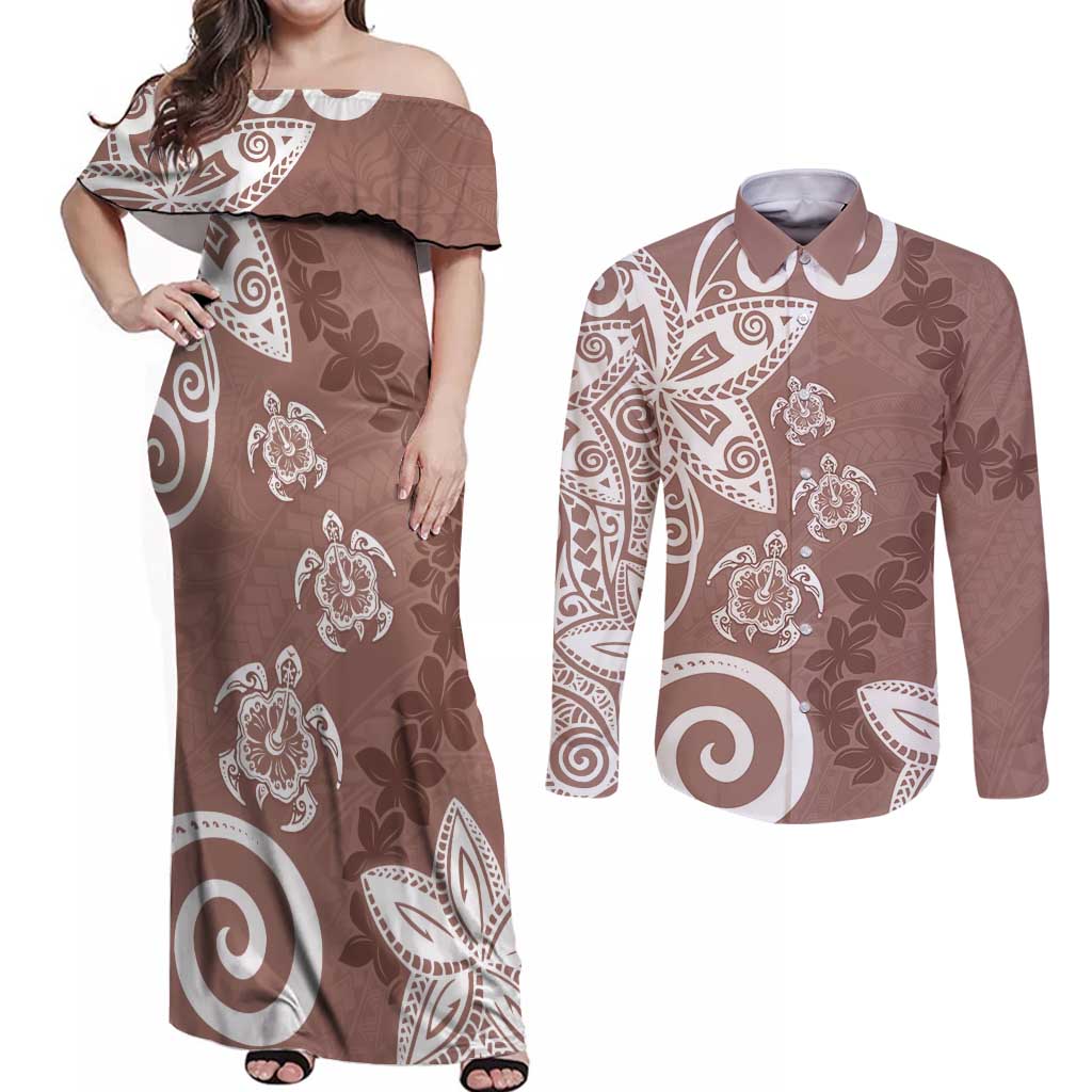 Polynesia Couples Matching Off Shoulder Maxi Dress and Long Sleeve Button Shirt Brown Tribal Turtle Floral Pattern LT05 Brown - Polynesian Pride