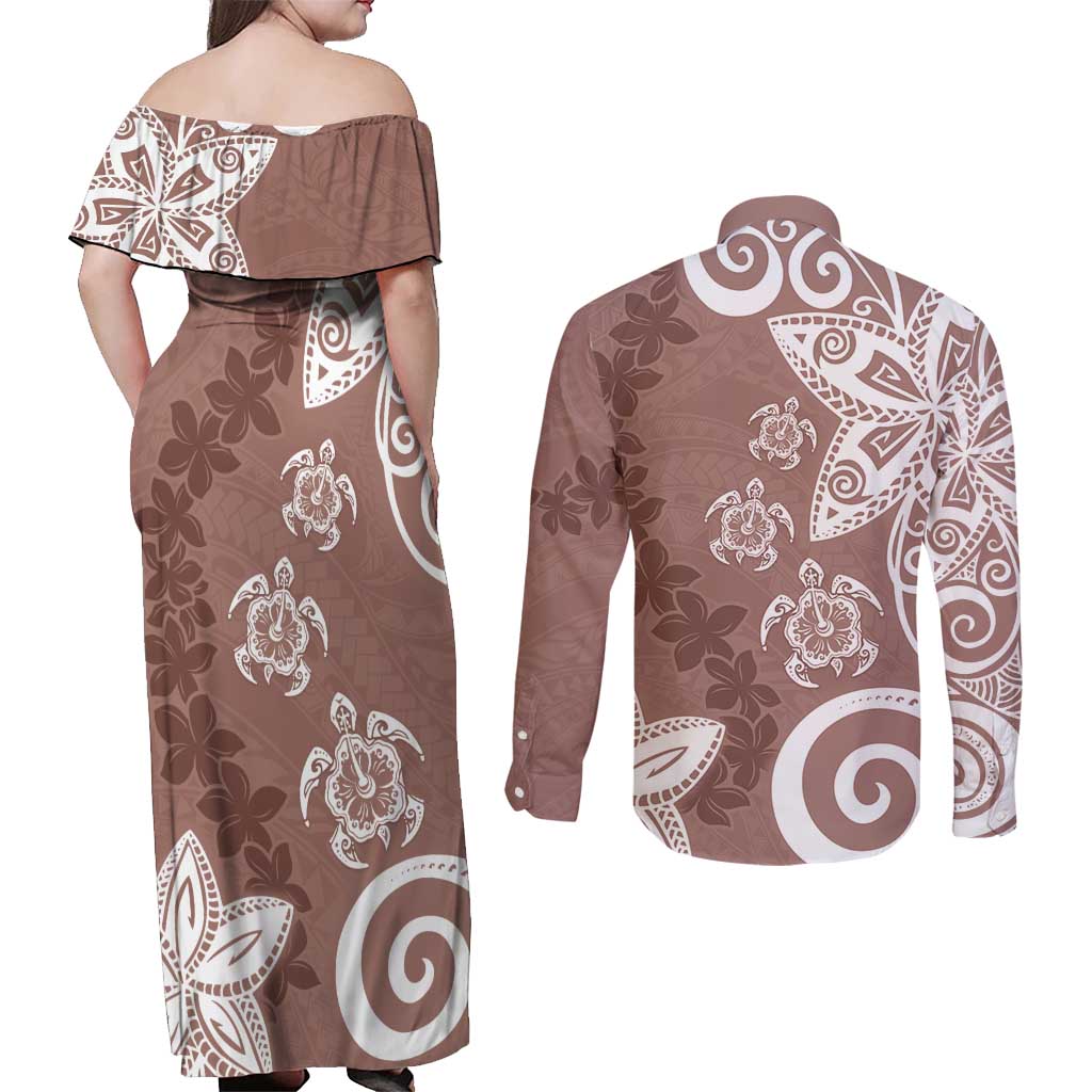 Polynesia Couples Matching Off Shoulder Maxi Dress and Long Sleeve Button Shirt Brown Tribal Turtle Floral Pattern LT05 - Polynesian Pride