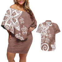 Polynesia Couples Matching Off Shoulder Short Dress and Hawaiian Shirt Brown Tribal Turtle Floral Pattern LT05 Brown - Polynesian Pride