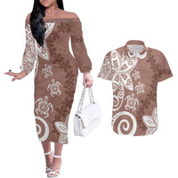 Polynesia Couples Matching Off The Shoulder Long Sleeve Dress and Hawaiian Shirt Brown Tribal Turtle Floral Pattern LT05 Brown - Polynesian Pride