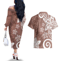 Polynesia Couples Matching Off The Shoulder Long Sleeve Dress and Hawaiian Shirt Brown Tribal Turtle Floral Pattern LT05 - Polynesian Pride