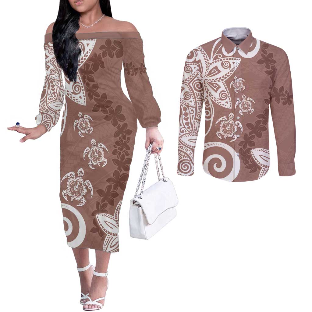 Polynesia Couples Matching Off The Shoulder Long Sleeve Dress and Long Sleeve Button Shirt Brown Tribal Turtle Floral Pattern LT05 Brown - Polynesian Pride