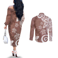 Polynesia Couples Matching Off The Shoulder Long Sleeve Dress and Long Sleeve Button Shirt Brown Tribal Turtle Floral Pattern LT05 - Polynesian Pride