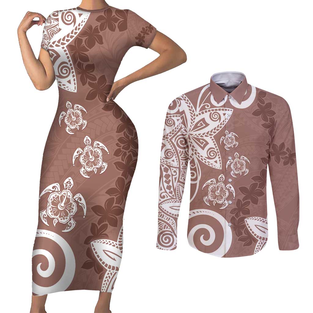 Polynesia Couples Matching Short Sleeve Bodycon Dress and Long Sleeve Button Shirt Brown Tribal Turtle Floral Pattern LT05 Brown - Polynesian Pride