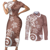 Polynesia Couples Matching Short Sleeve Bodycon Dress and Long Sleeve Button Shirt Brown Tribal Turtle Floral Pattern LT05 Brown - Polynesian Pride