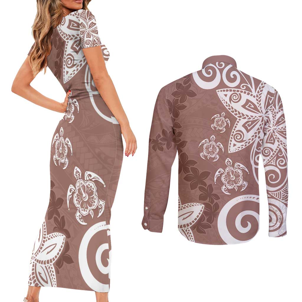 Polynesia Couples Matching Short Sleeve Bodycon Dress and Long Sleeve Button Shirt Brown Tribal Turtle Floral Pattern LT05 - Polynesian Pride