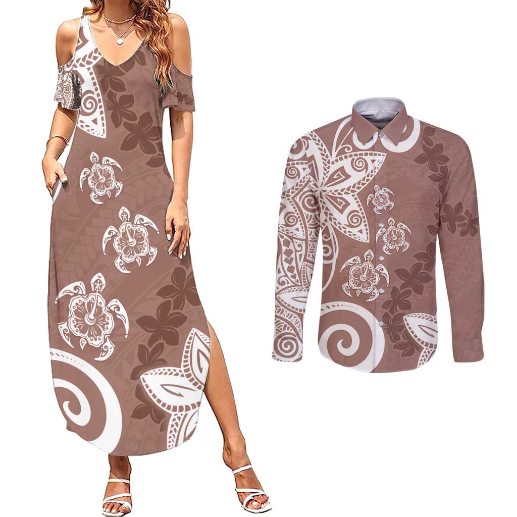 Polynesia Couples Matching Summer Maxi Dress and Long Sleeve Button Shirt Brown Tribal Turtle Floral Pattern LT05 Brown - Polynesian Pride