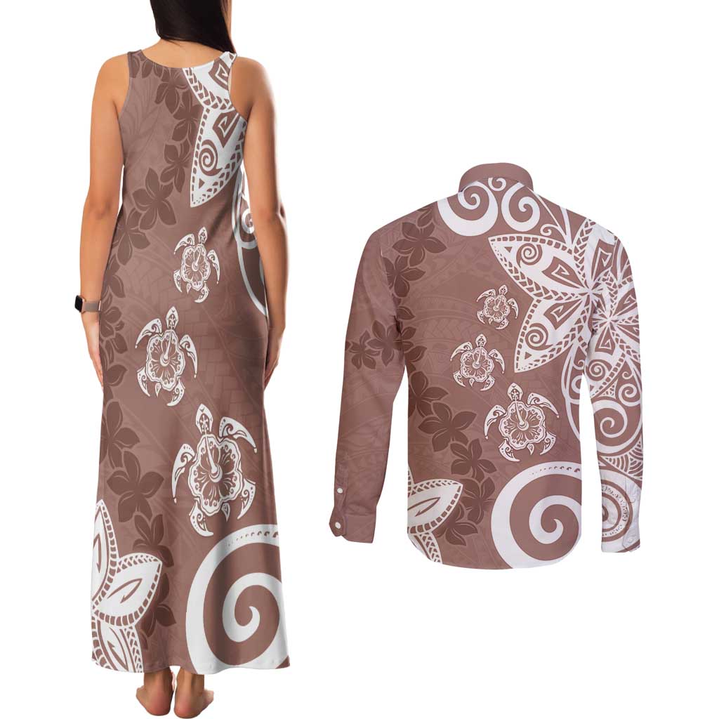 Polynesia Couples Matching Tank Maxi Dress and Long Sleeve Button Shirt Brown Tribal Turtle Floral Pattern LT05 - Polynesian Pride