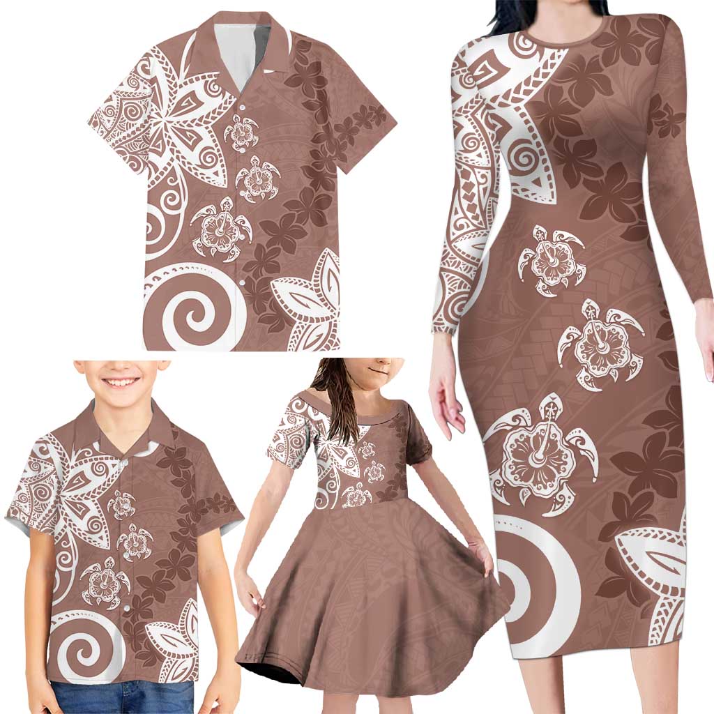 Polynesia Family Matching Long Sleeve Bodycon Dress and Hawaiian Shirt Brown Tribal Turtle Floral Pattern