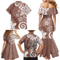 Polynesia Family Matching Mermaid Dress and Hawaiian Shirt Brown Tribal Turtle Floral Pattern