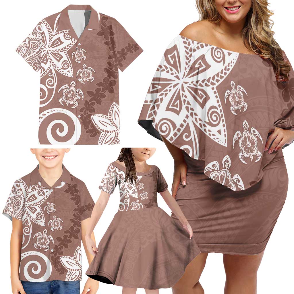 Polynesia Family Matching Off Shoulder Short Dress and Hawaiian Shirt Brown Tribal Turtle Floral Pattern