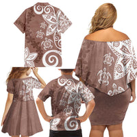 Polynesia Family Matching Off Shoulder Short Dress and Hawaiian Shirt Brown Tribal Turtle Floral Pattern