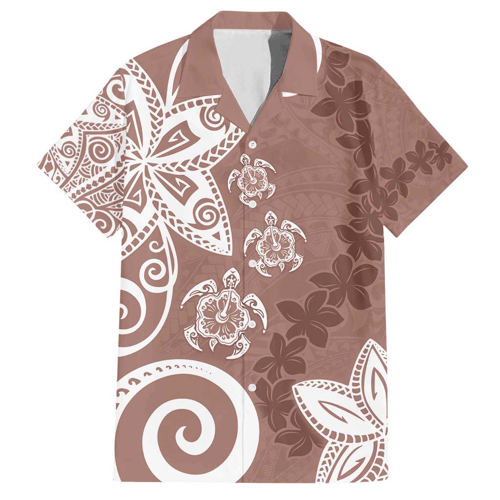 Polynesia Family Matching Off Shoulder Short Dress and Hawaiian Shirt Brown Tribal Turtle Floral Pattern