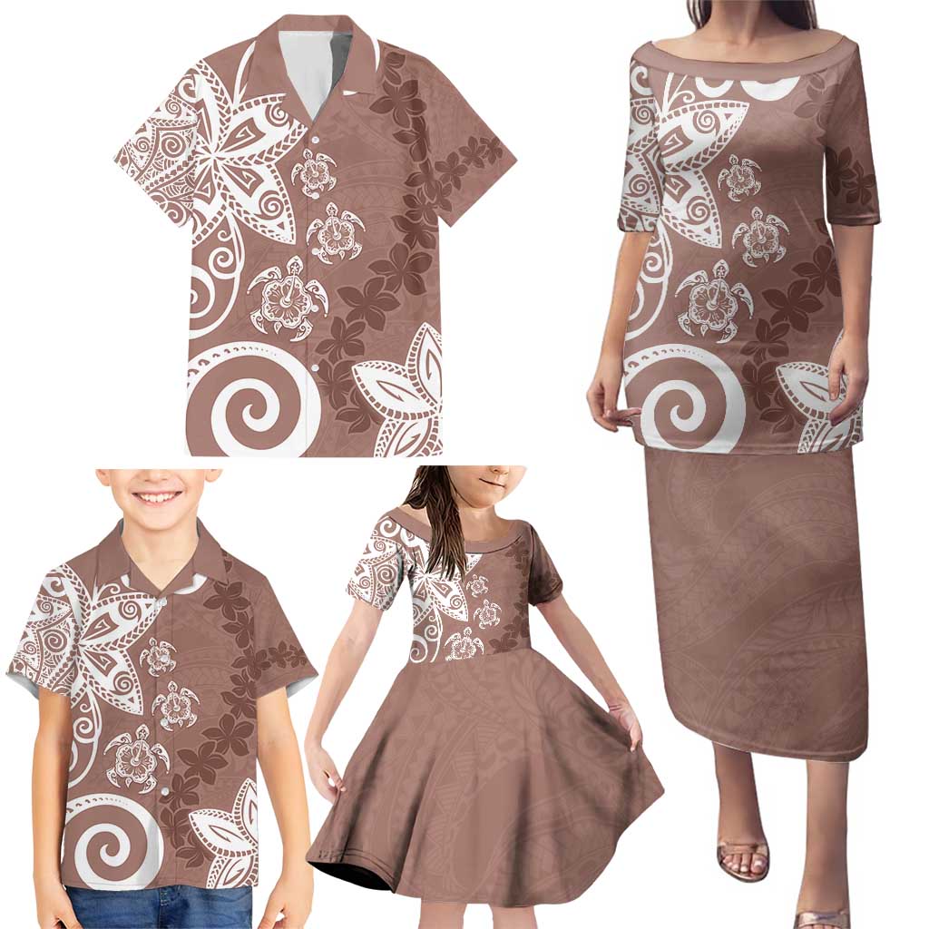 Polynesia Family Matching Puletasi and Hawaiian Shirt Brown Tribal Turtle Floral Pattern