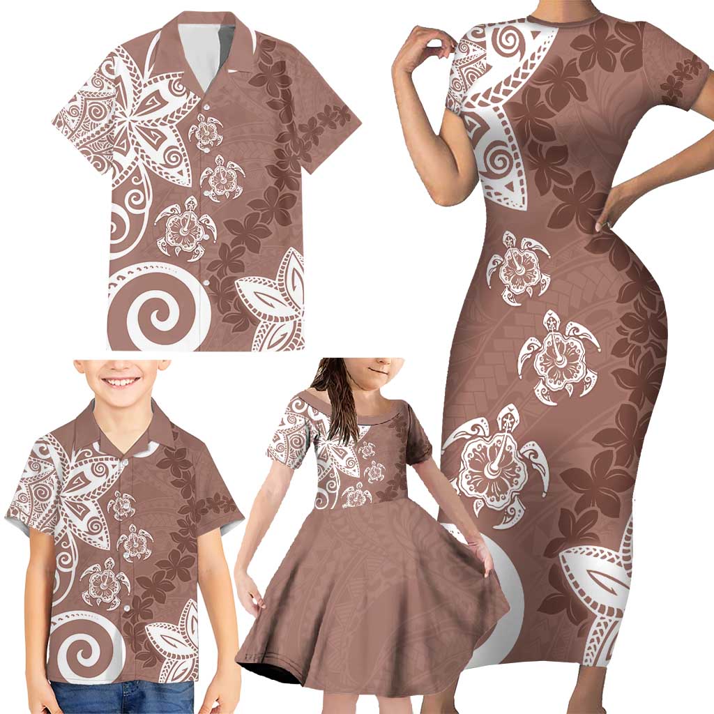 Polynesia Family Matching Short Sleeve Bodycon Dress and Hawaiian Shirt Brown Tribal Turtle Floral Pattern