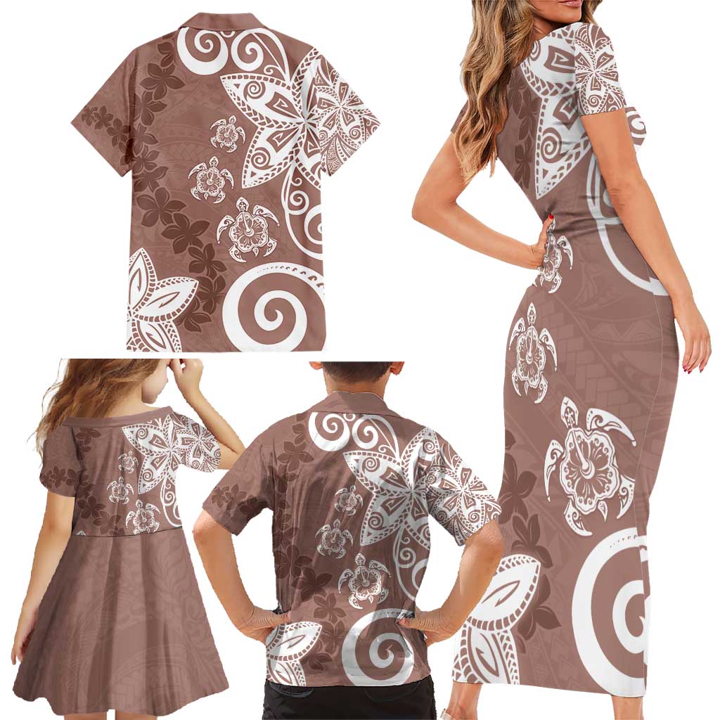 Polynesia Family Matching Short Sleeve Bodycon Dress and Hawaiian Shirt Brown Tribal Turtle Floral Pattern