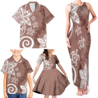 Polynesia Family Matching Tank Maxi Dress and Hawaiian Shirt Brown Tribal Turtle Floral Pattern