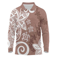 Polynesia Long Sleeve Polo Shirt Brown Tribal Turtle Floral Pattern