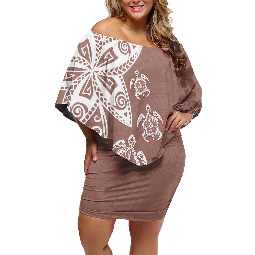 Polynesia Off Shoulder Short Dress Brown Tribal Turtle Floral Pattern LT05 Women Brown - Polynesian Pride